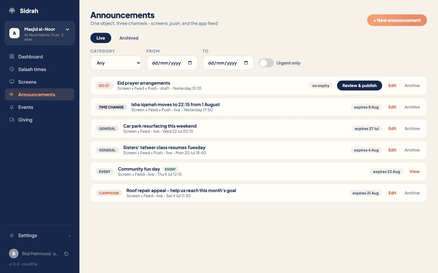 The Announcements page listing seven notices, with Live and Archived tabs, category and date filters, an Urgent only switch, and a New announcement button