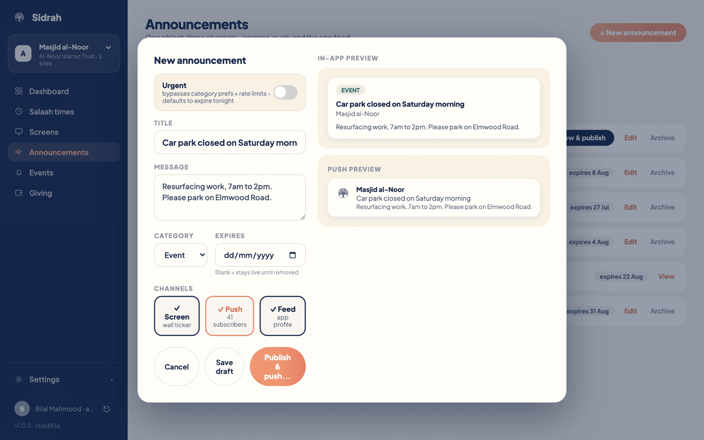 The New announcement modal with a title, a message, the category set to Event, an empty expiry date and the three channel tiles Screen, Push and Feed all selected