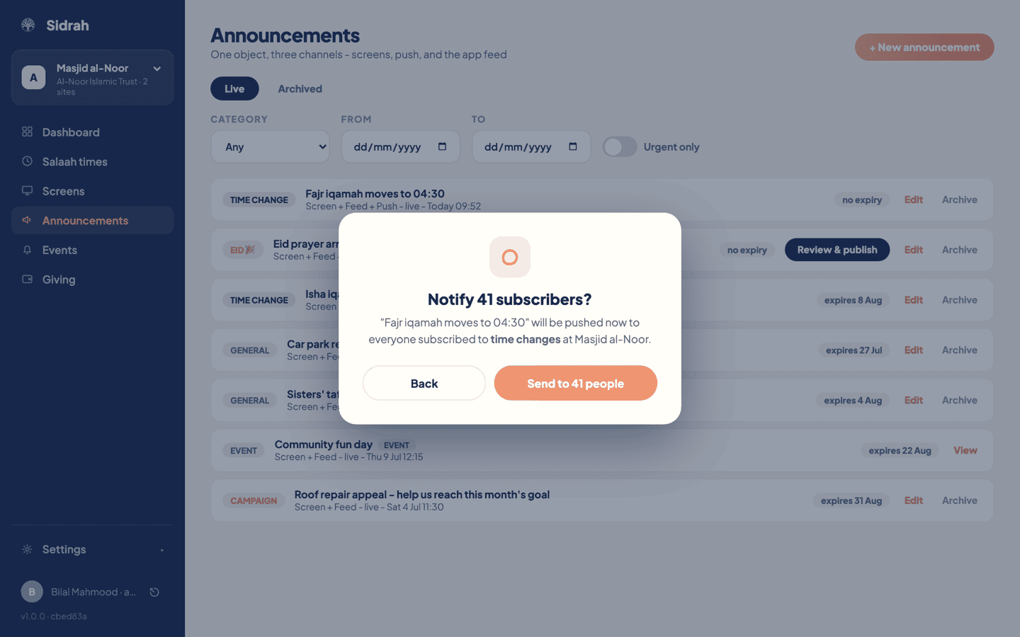 A confirmation dialog headed Notify 41 subscribers, naming the announcement and the time changes category, with Back and Send to 41 people buttons