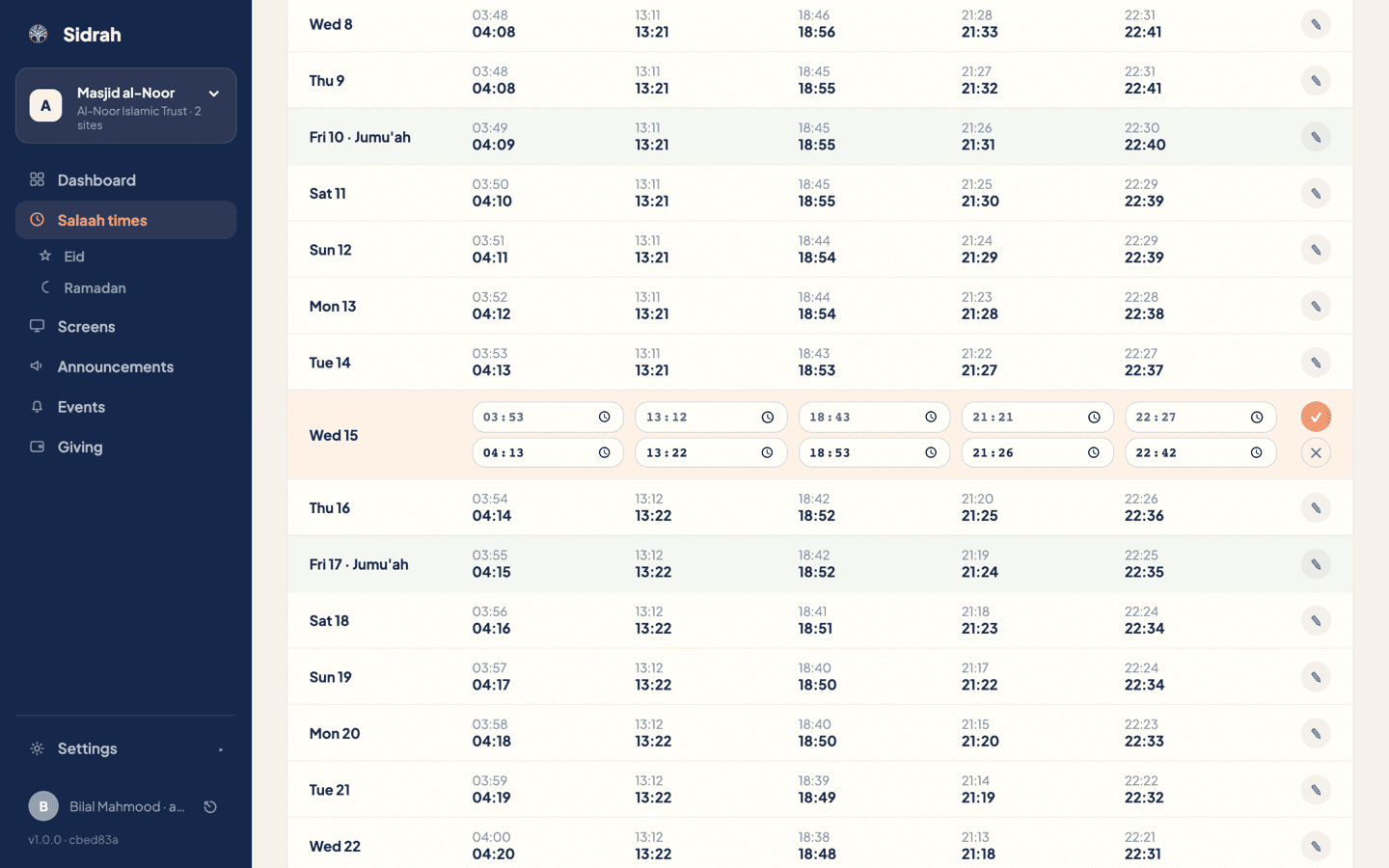 The row for Wednesday 15 opened for editing, showing ten time boxes - five adhan times on the top line and five iqamah times below - with a tick and a cancel button at the end