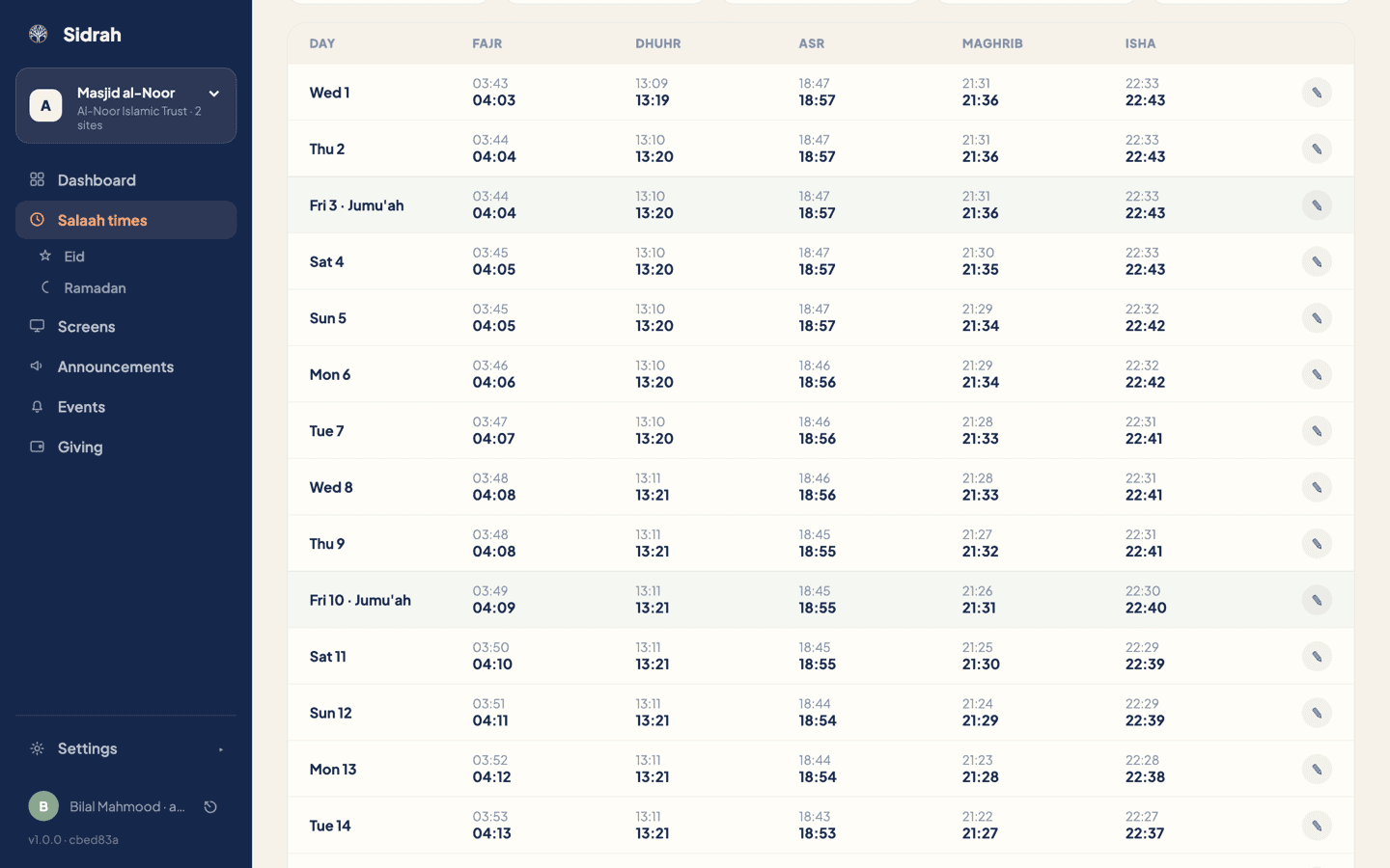 The July 2026 month grid, one row per day, each cell showing a grey adhan time above a bold iqamah time, with Friday rows tinted and a pencil button at the end of every row