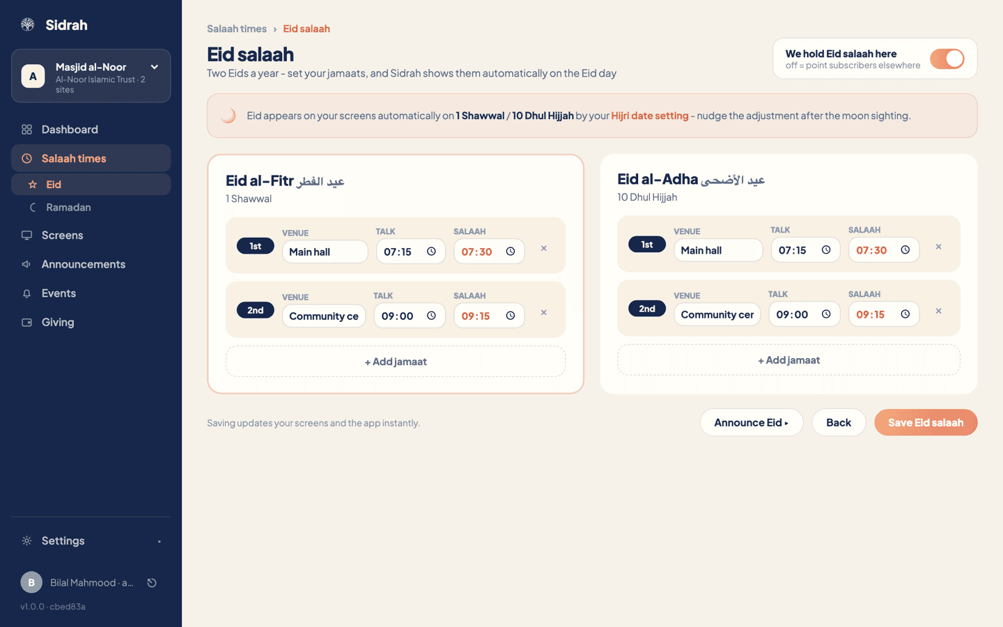 The Eid salaah page with the We hold Eid salaah here toggle switched on, and two cards for Eid al-Fitr and Eid al-Adha, each listing a first and second jamaat with venue, talk time and salaah time