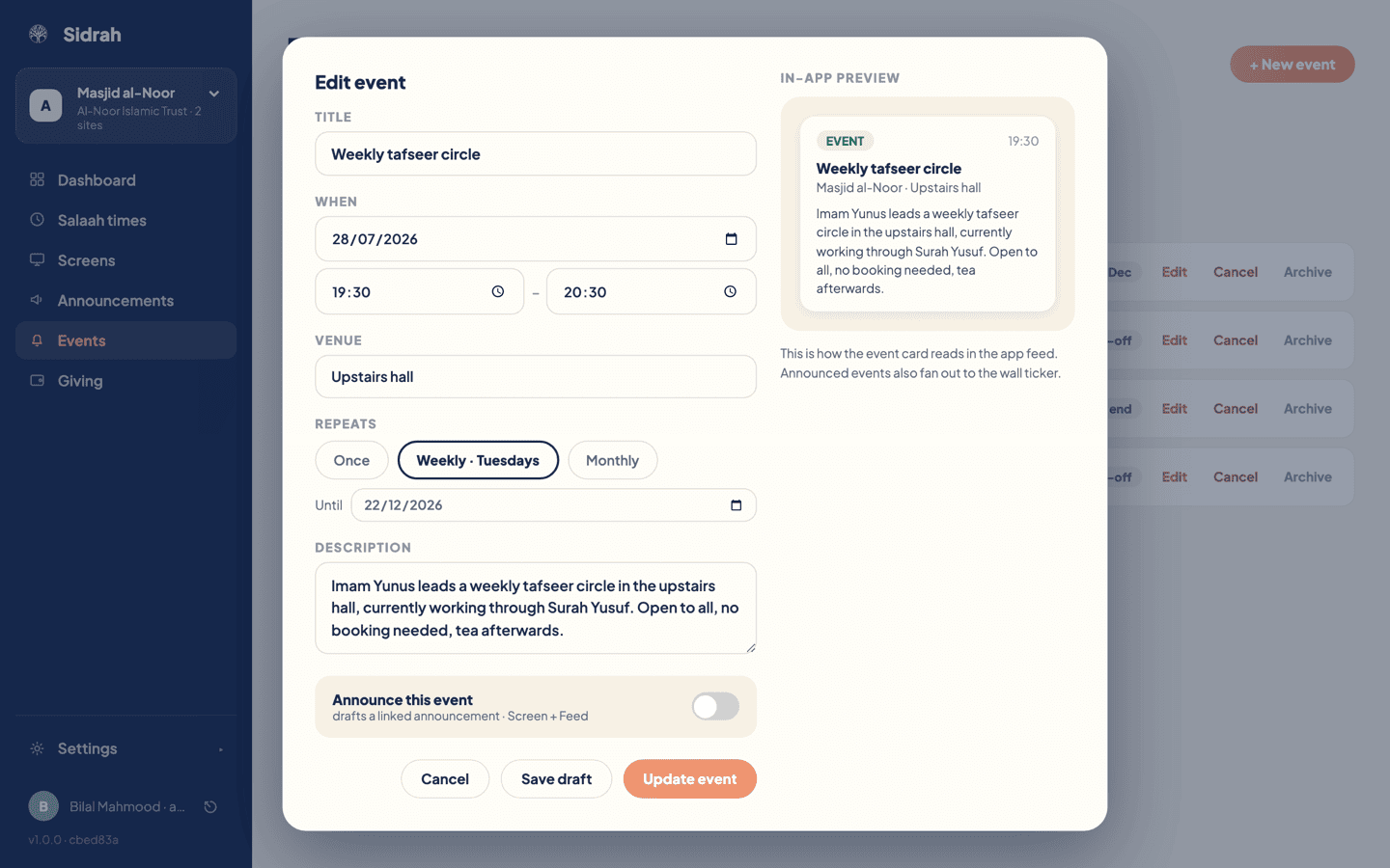 The Edit event modal showing the title Weekly tafseer circle, a date of 28 July 2026, times of 19:30 to 20:30, the venue Upstairs hall, a Weekly Tuesdays repeat running until 22 December 2026, a description, and the in-app preview card alongside