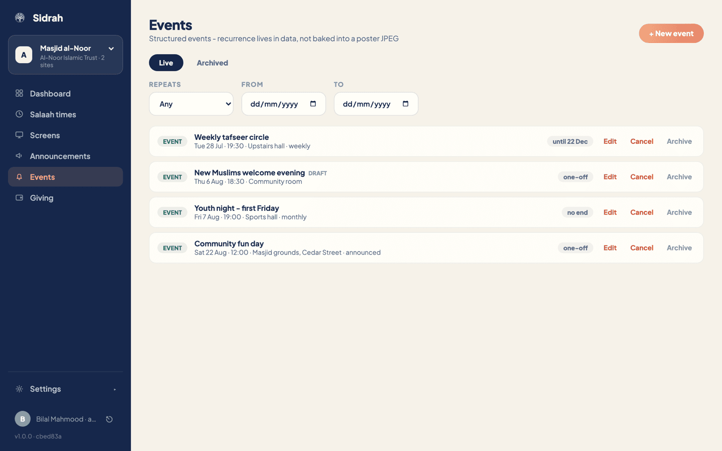 The Events page listing four events with their next dates, venues and repeat patterns, plus Live and Archived tabs, a Repeats filter and a New event button