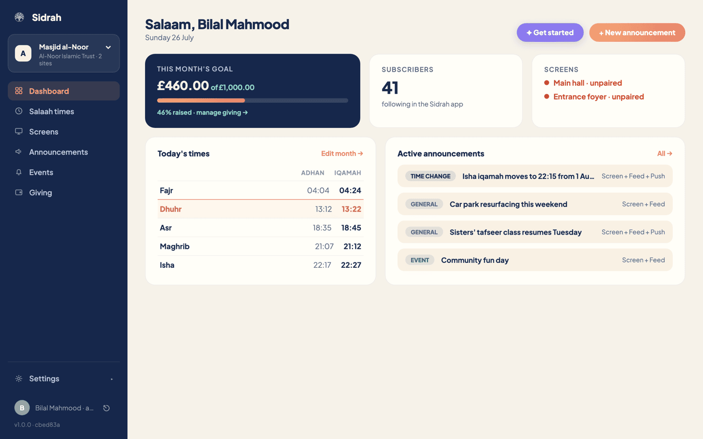 The Sidrah admin dashboard showing a monthly goal card, subscriber count, screen status, today's five salaah times with Dhuhr highlighted, and a list of active announcements