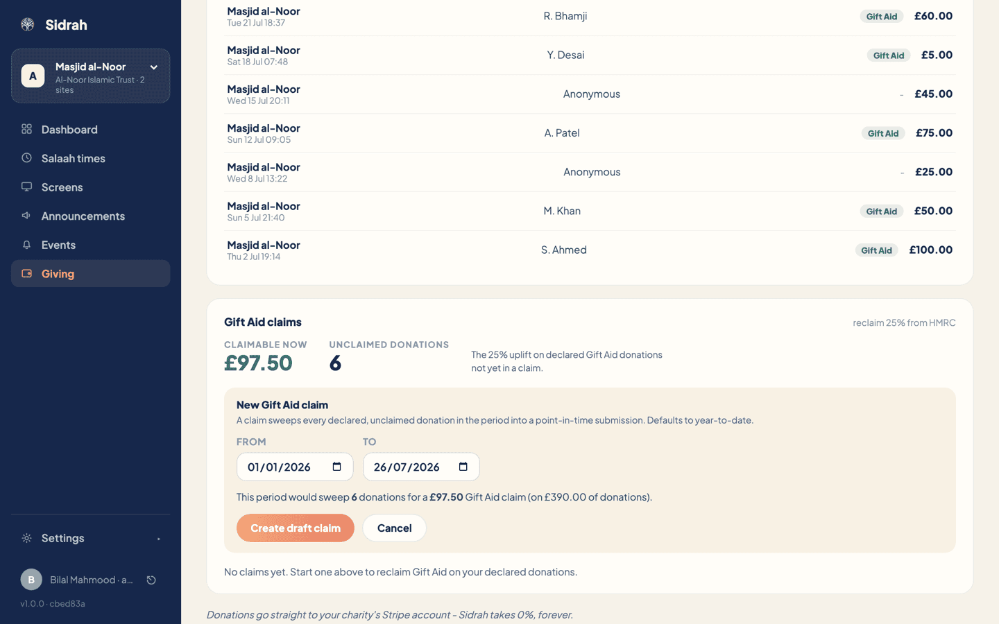The New Gift Aid claim box with a from and to date range and a preview reading that the period would sweep 6 donations for a £97.50 claim