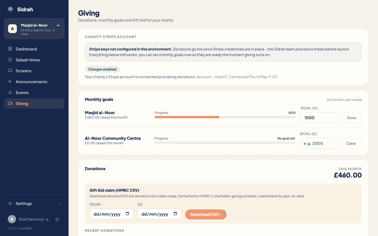 The Giving page with the Charity Stripe account card showing a green Charges enabled badge, above the Monthly goals and Donations cards