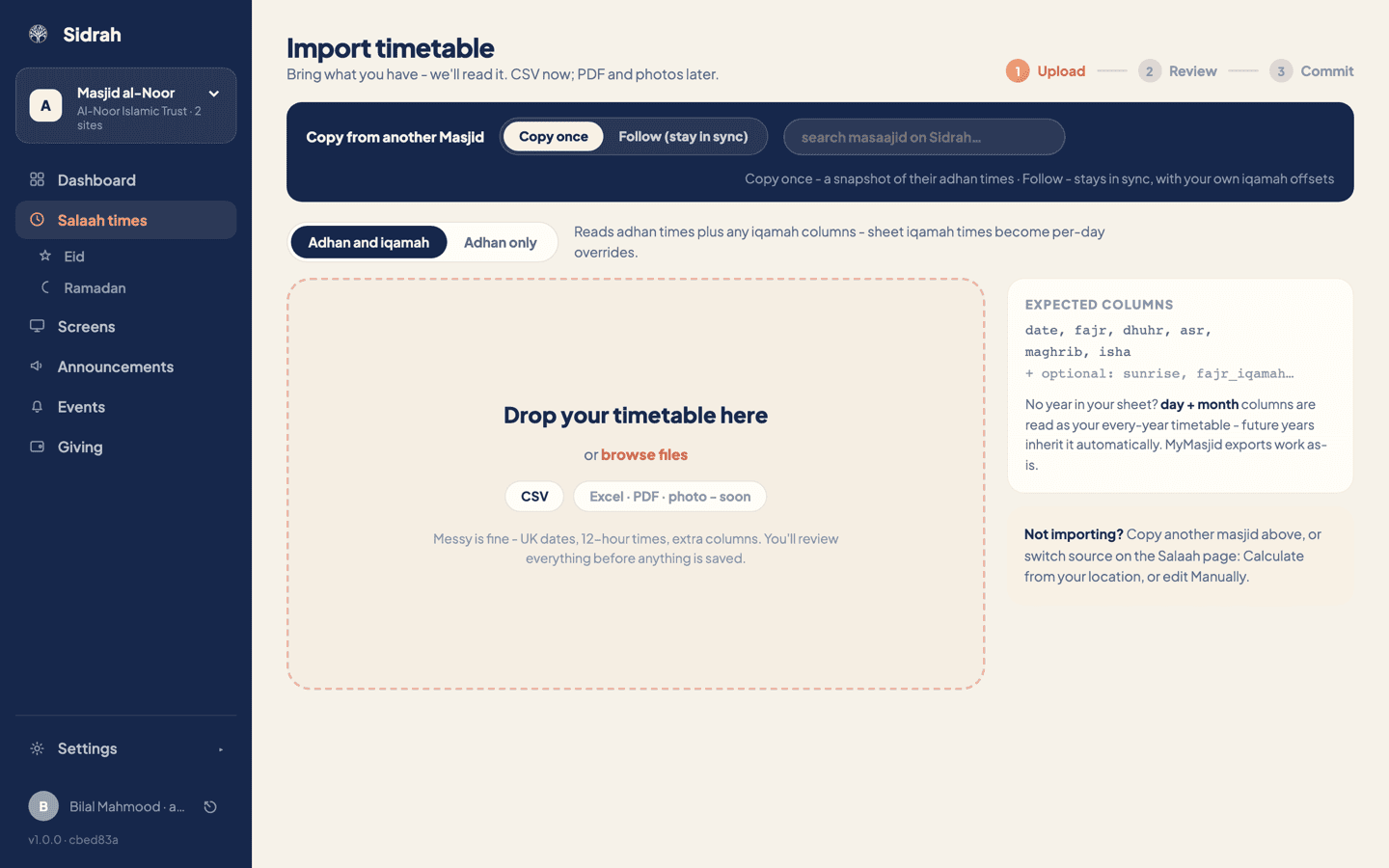 The Import timetable page at the Upload step, with a Copy from another Masjid bar at the top, an Adhan and iqamah mode switch, a drop zone for the CSV, and an Expected columns panel on the right
