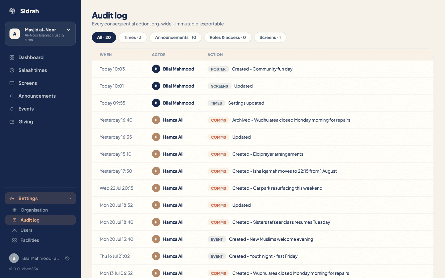 The Audit log page with filter chips for All, Times, Announcements, Roles and access and Screens, above a list of dated entries naming the person and the action