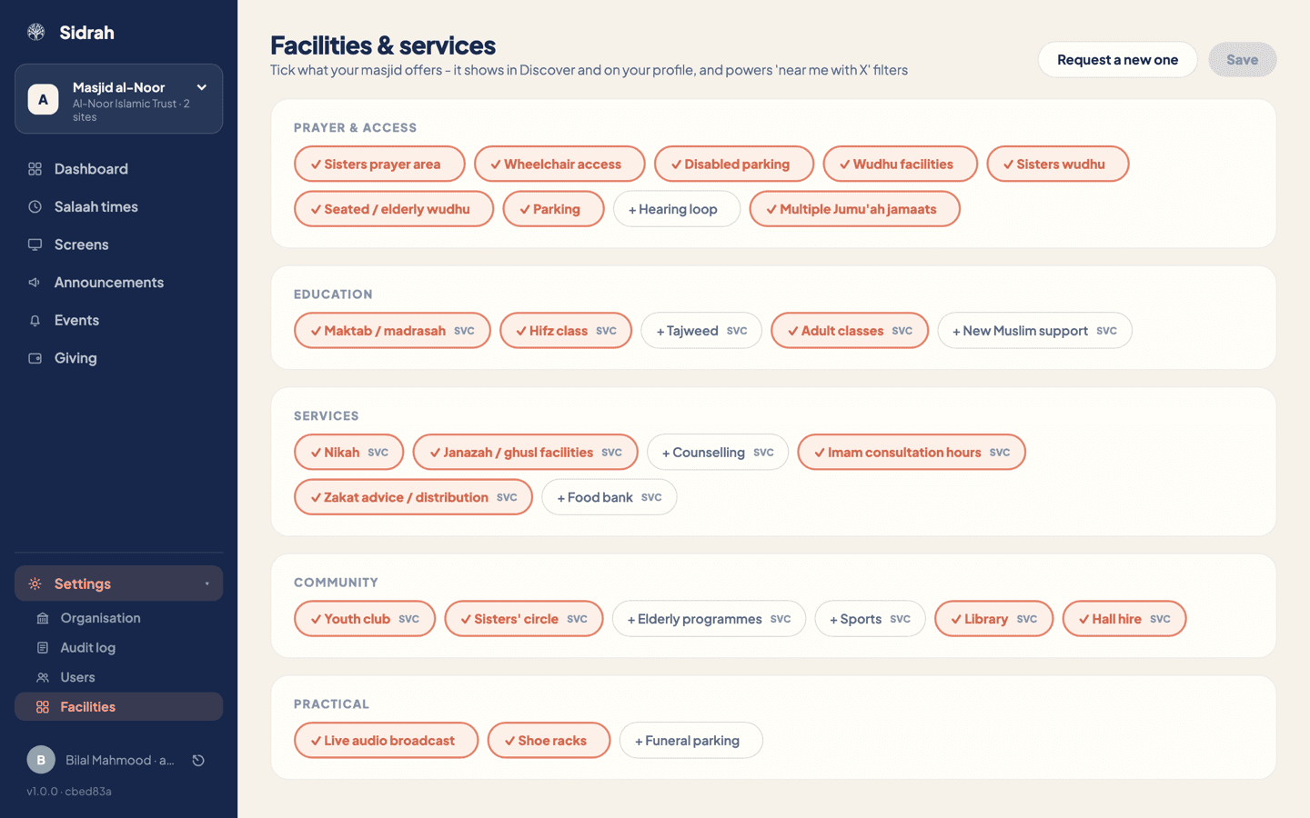 The Facilities and services page with chips grouped under Prayer and access, Education, Services, Community and Practical, several of them ticked
