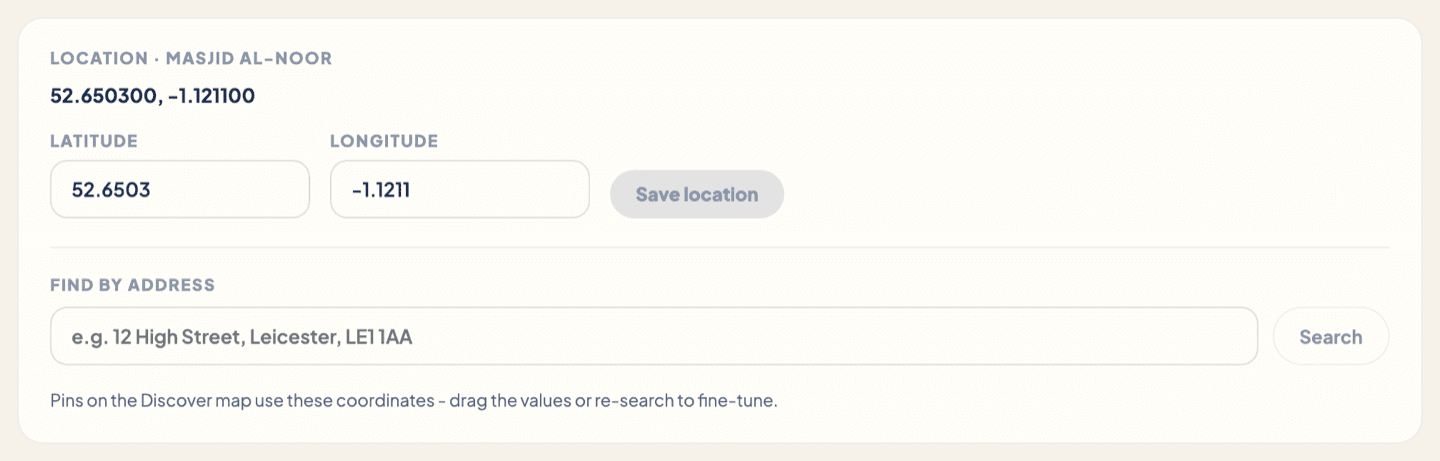 The Location card showing latitude 52.6503 and longitude -1.1211 with a Save location button and a find-by-address search box