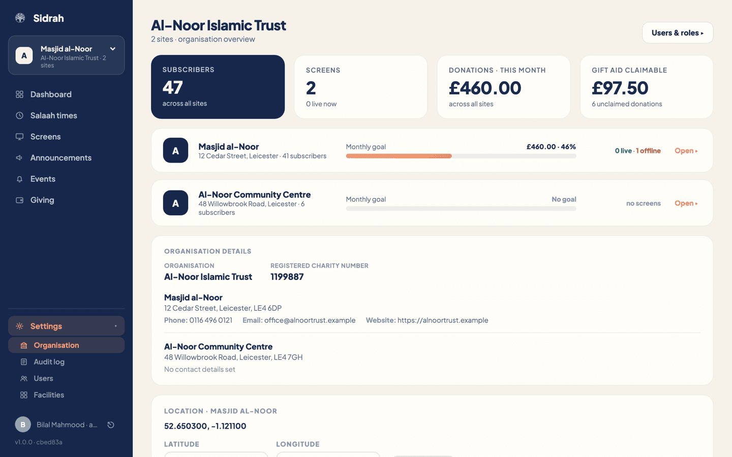 The organisation overview for Al-Noor Islamic Trust, with stat tiles for subscribers, screens, donations and Gift Aid, and a row for each of its two masaajid