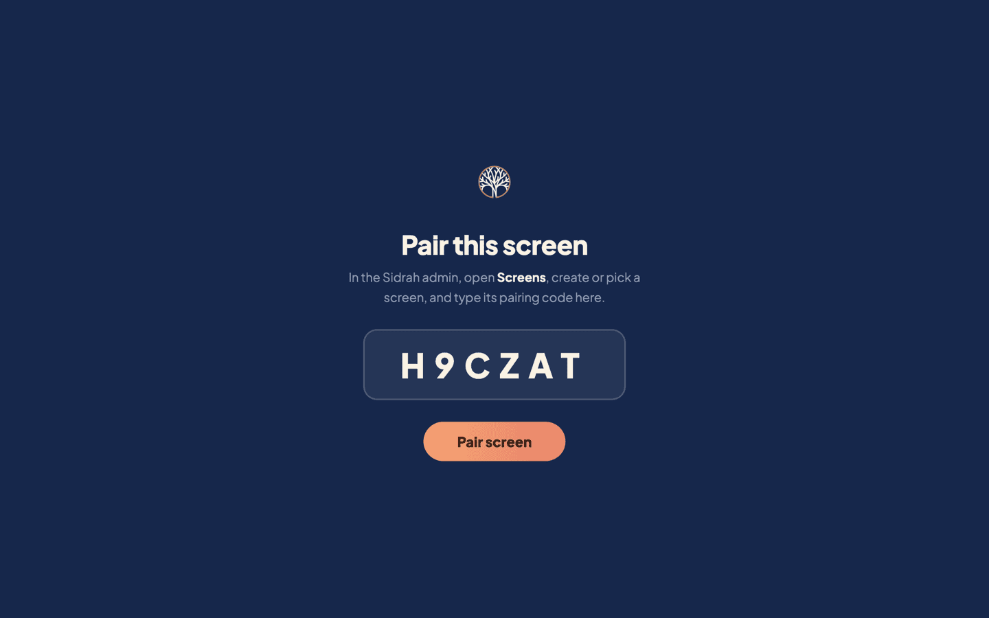 The pairing page as it appears on the TV: the Sidrah tree, the heading Pair this screen, a code typed into a large box, and a coral Pair screen button