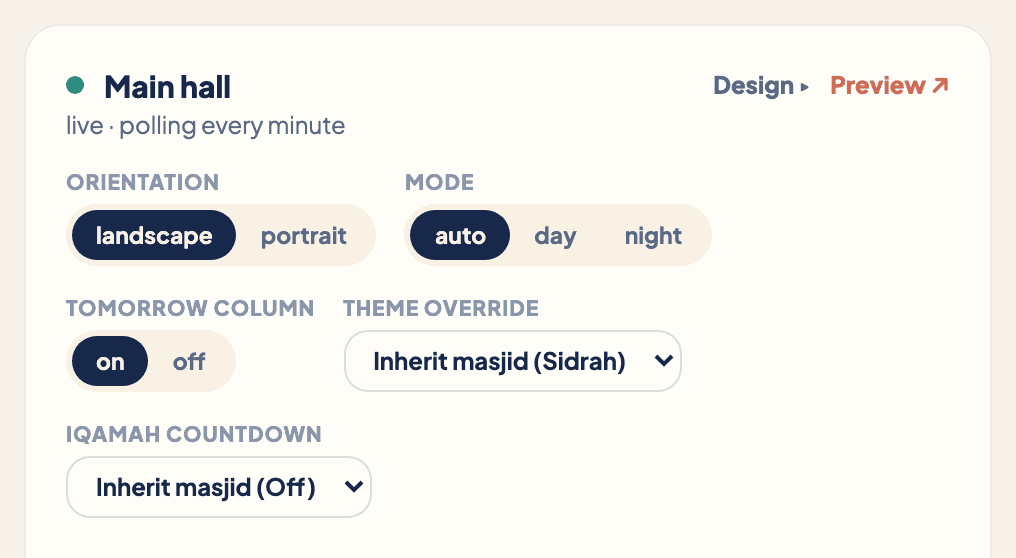 Close-up of one screen card: a green dot beside Main hall, and rows of controls for orientation, mode, tomorrow column, theme override and iqamah countdown