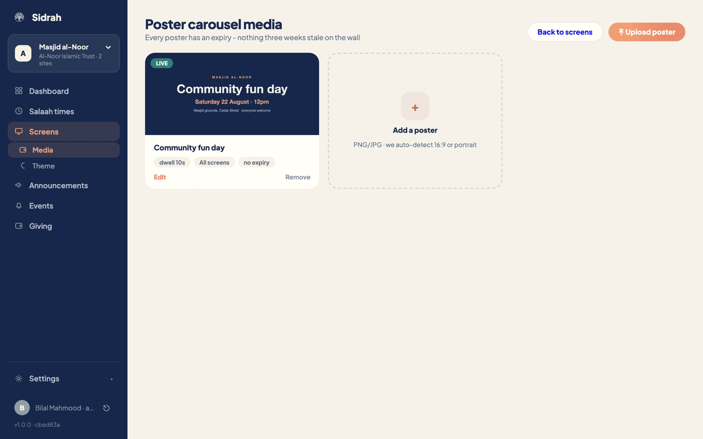 The Poster carousel media page with one poster, Community fun day, showing a green LIVE badge over the artwork, its title beneath, and chips reading dwell 10s, All screens and no expiry