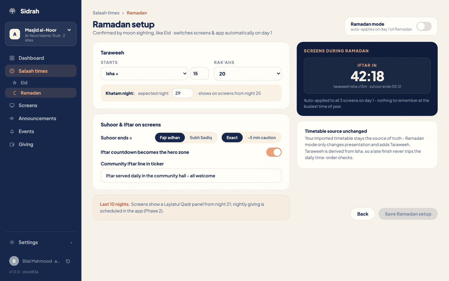 The Ramadan setup page showing the Ramadan mode toggle, a Taraweeh card with start time and rak'ahs, a suhoor and iftar card, and a preview of the iftar countdown as it appears on a screen