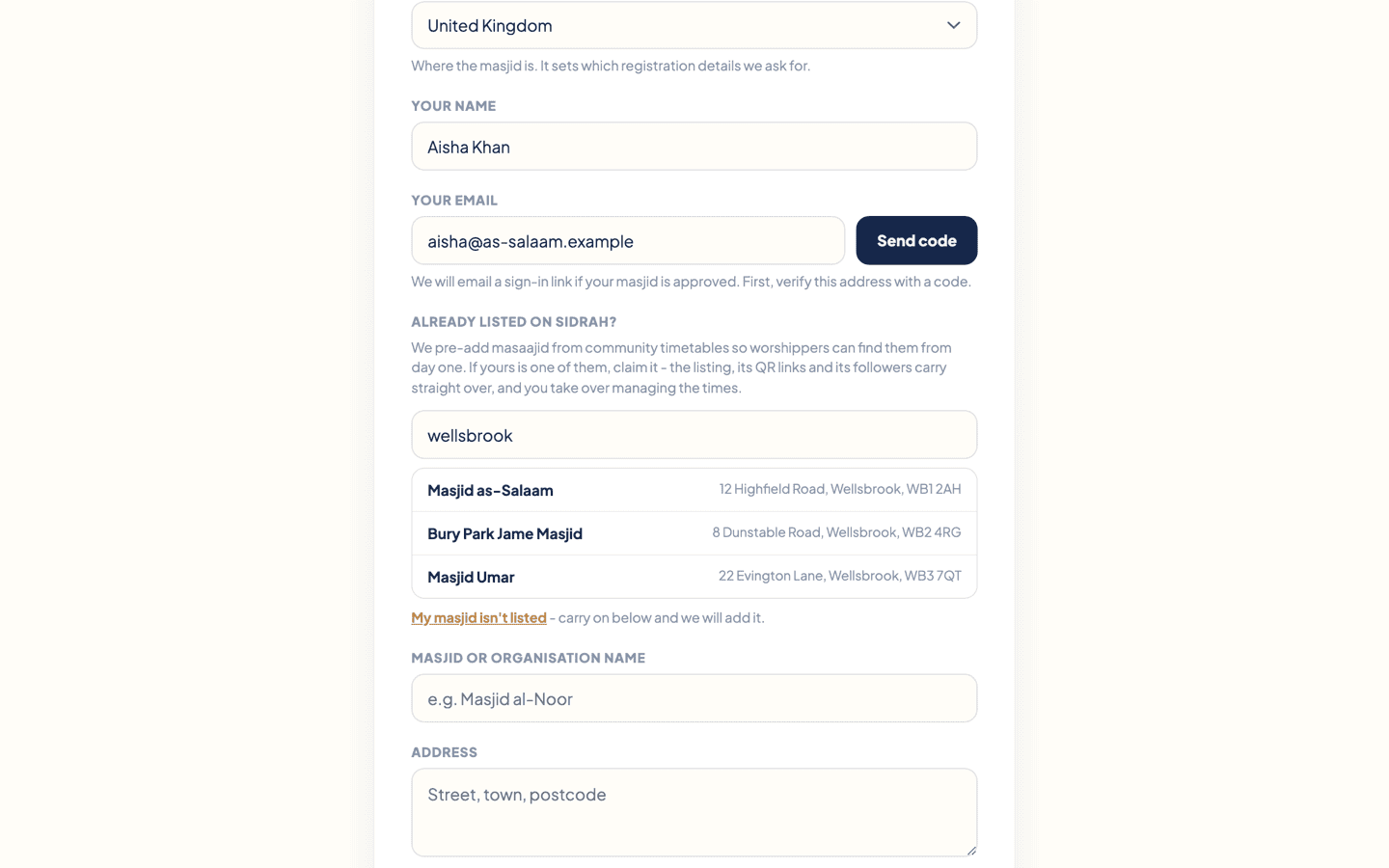 The Already listed on Sidrah? search box with wellsbrook typed in, showing three matching masaajid with their street addresses, and a My masjid isn't listed link below
