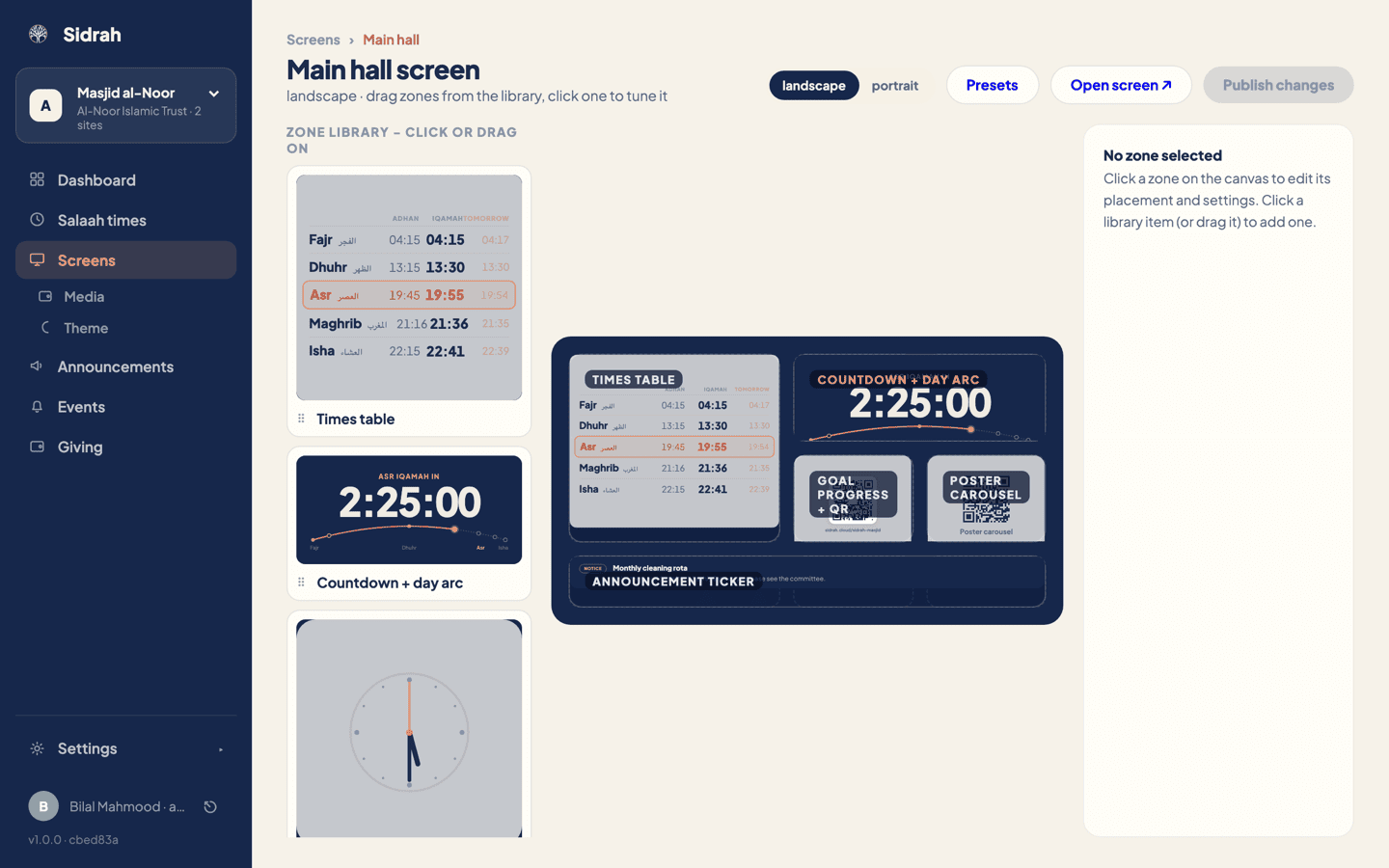 The zone composer for the Main hall screen: the zone library on the left, a navy canvas in the middle holding a times table, countdown, goal progress, poster carousel and announcement ticker, and an empty settings panel on the right