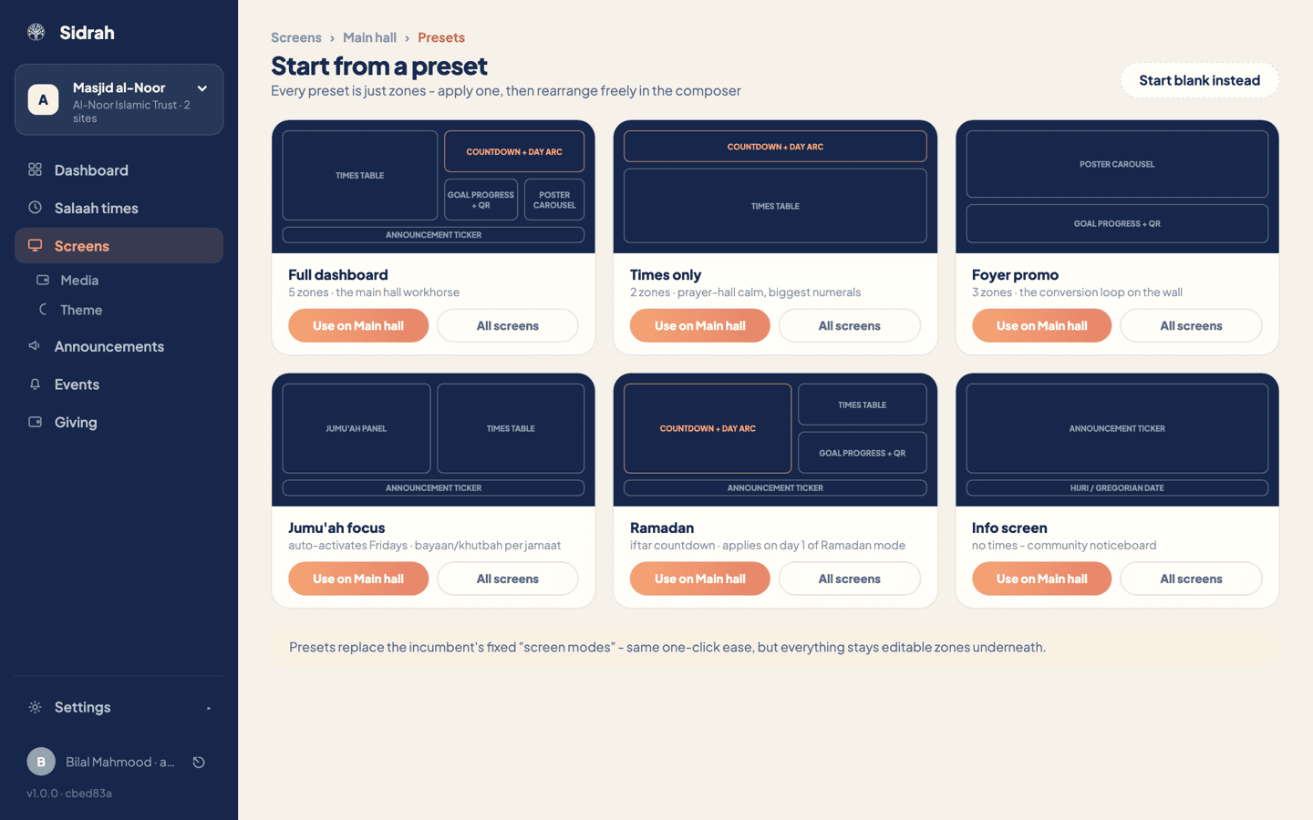 The Start from a preset gallery showing six preset cards - Full dashboard, Times only, Foyer promo, Jumu'ah focus, Ramadan and Info screen - each with a zone diagram and buttons to use it on one screen or all screens