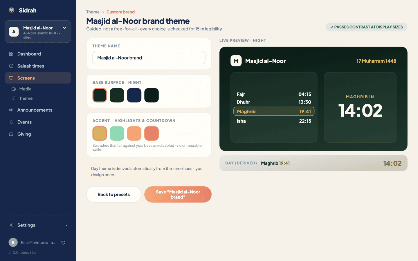 The custom brand theme editor: theme name, night base surface swatches and accent swatches on the left, a live night preview of a masjid display on the right, and a green badge reading passes contrast at display sizes