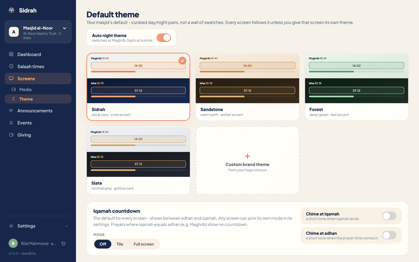 The Default theme page showing four theme cards - Sidrah, Sandstone, Forest and Slate - each split into a light day half and a dark night half, with an auto night toggle above and the iqamah countdown panel below