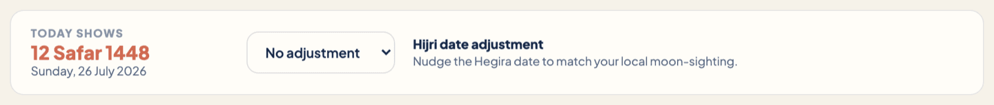 The Hijri date adjustment strip showing today as 12 Safar 1448, Sunday 26 July 2026, with a No adjustment dropdown