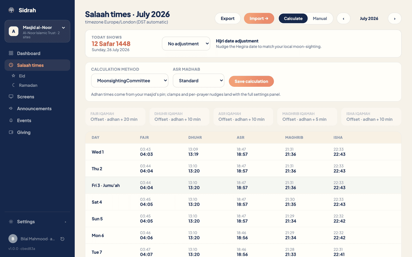 The Salaah times page for July 2026, showing the Calculate and Manual source switch, the Hijri date strip, the calculation method panel and the month grid of adhan and iqamah times