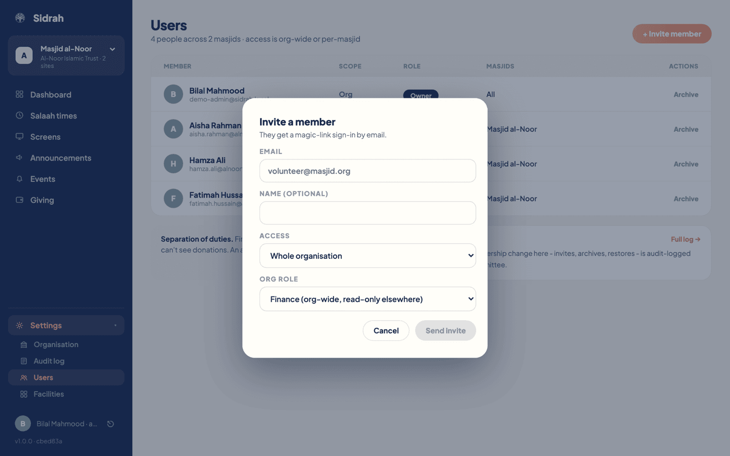The Invite a member dialogue with fields for email, optional name, access set to Whole organisation, and an org role dropdown
