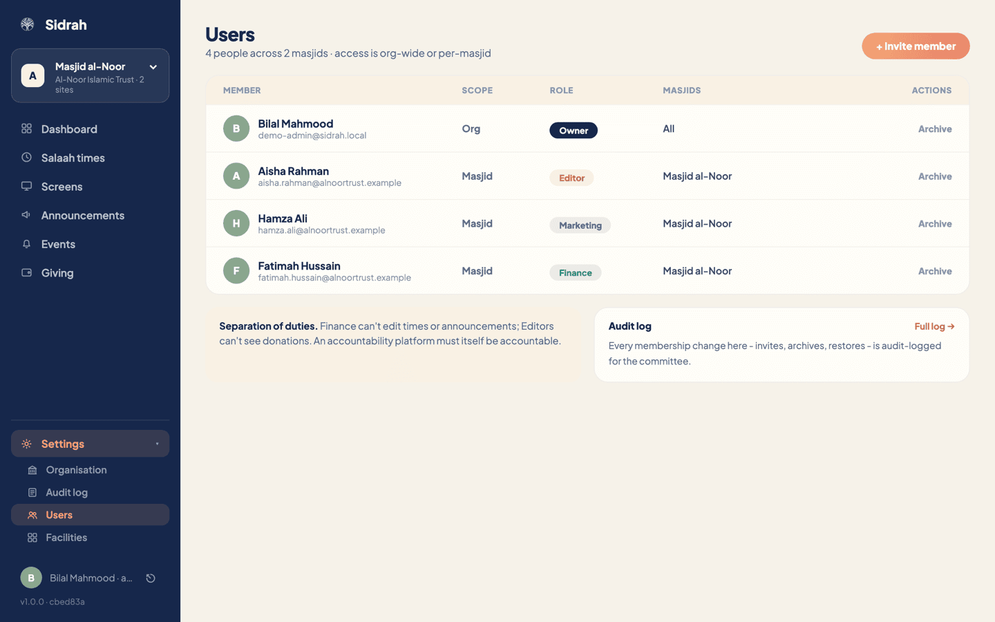 The Users page listing four members of Al-Noor Islamic Trust with their scope, role badge and masjid, and an Invite member button